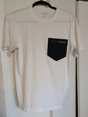 COACH White Short Sleeve Tee with Black Zip Chest Pocket